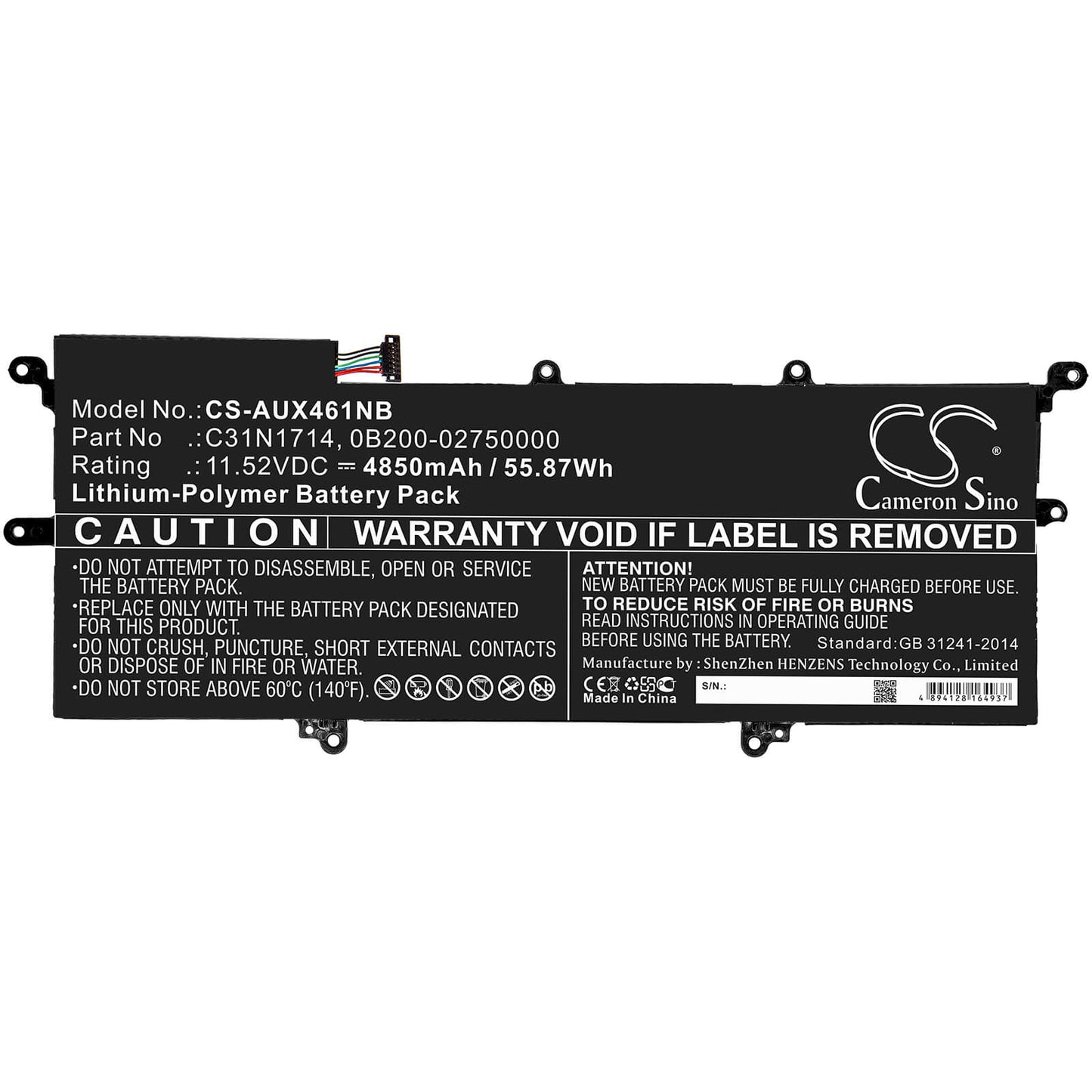 11.52V, 4850mAh, Li-Polymer Battery fits Asus, Ux461, Ux461fa, 55.872Wh