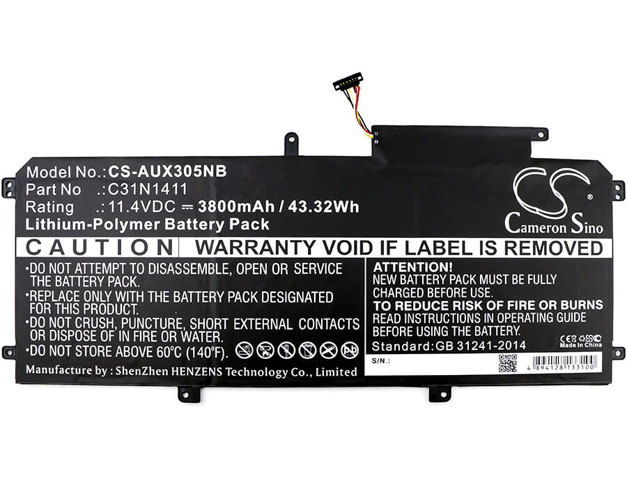 11.4V, 3800mAh, Li-Polymer Battery fits Asus, U305ca6y30, U305f 13.3 Inch, 43.32Wh