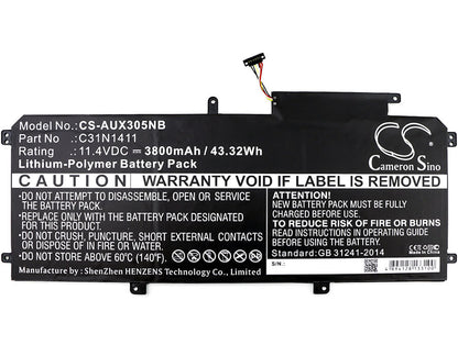 11.4V, 3800mAh, Li-Polymer Battery fits Asus, U305ca6y30, U305f 13.3 Inch, 43.32Wh