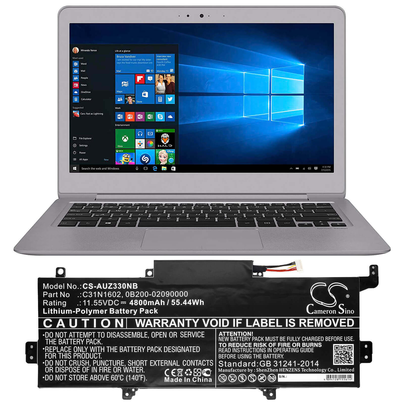 11.55V, 4800mAh, Li-Polymer Battery fits Asus, Ux330ua, Ux330ua-1a, 55.44Wh
