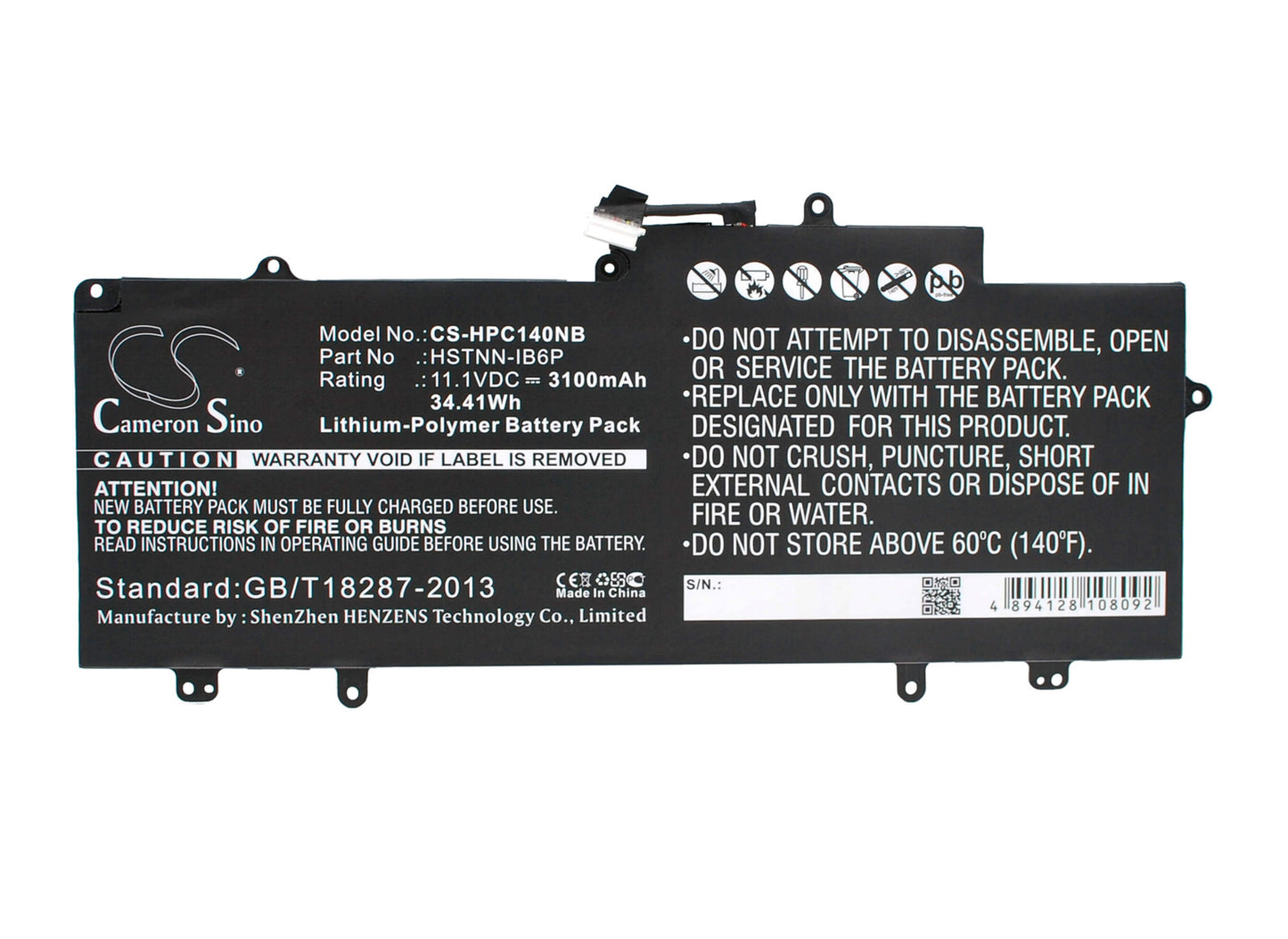 11.1V, 3100mAh, Li-Polymer Battery fits Hp, Chromebook 14 14-x010nr Series, Chromebook 14 Cd570m 14.0 16gb, 34.41Wh