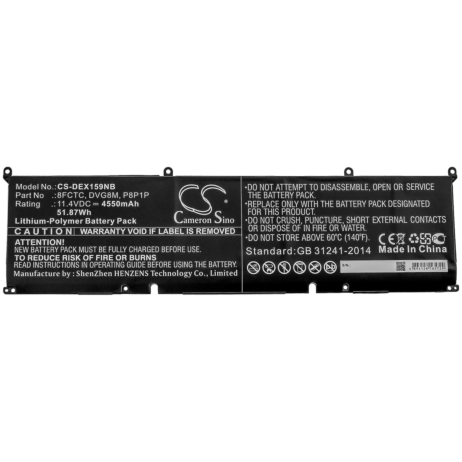 11.4V, 4550mAh, Li-Polymer Battery fits Dell, Xps 15 9500, Xps 15-9500-r1505s, 51.87Wh