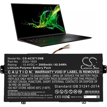 15.4V, 2600mAh, Li-Polymer Battery fits Acer, Sf713-51, Sf713-51-m0ak, 40.04Wh