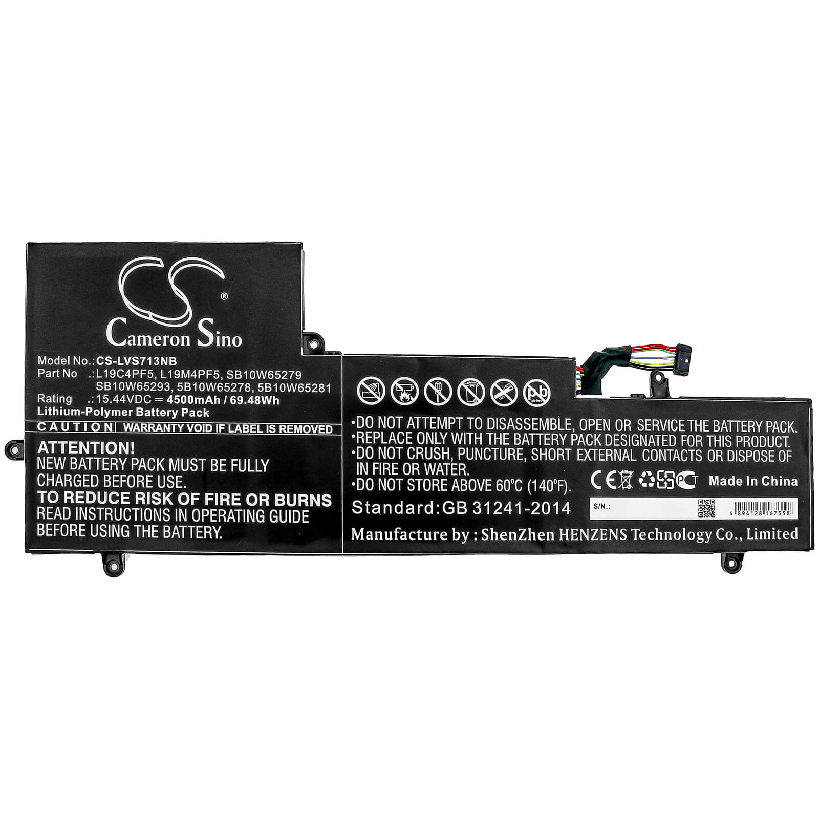 15.44V, 4500mAh, Li-Polymer Battery fits Lenovo, Yoga Slim 7-15iil, 69.48Wh