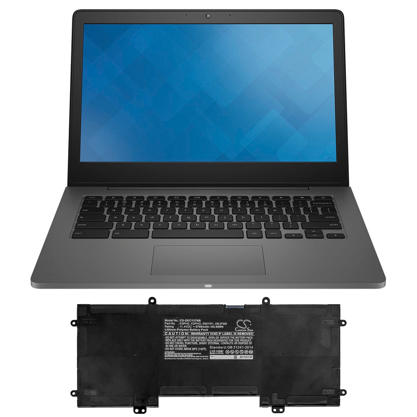 11.4V, 5700mAh, Li-Polymer Battery fits Dell, Chromebook 13 7310, 64.98Wh