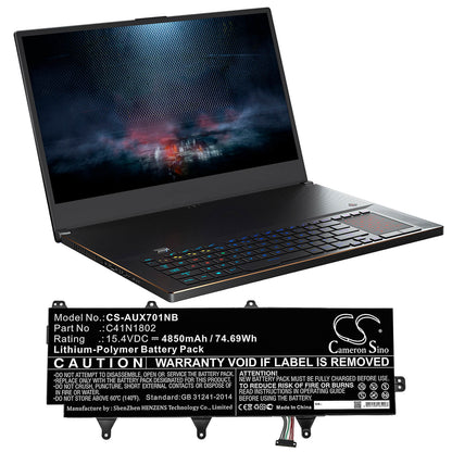 15.4V, 4850mAh, Li-Polymer Battery fits Asus, Gx701g, Gx701gv-ev016t, 74.69Wh
