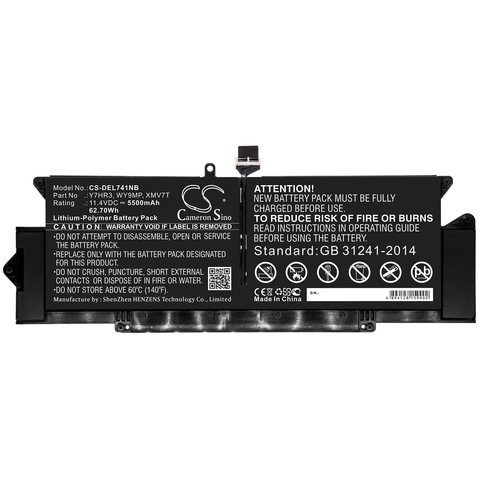 11.4V, 5500mAh, Li-Polymer Battery fits Dell, Latitude 7410, 62.7Wh