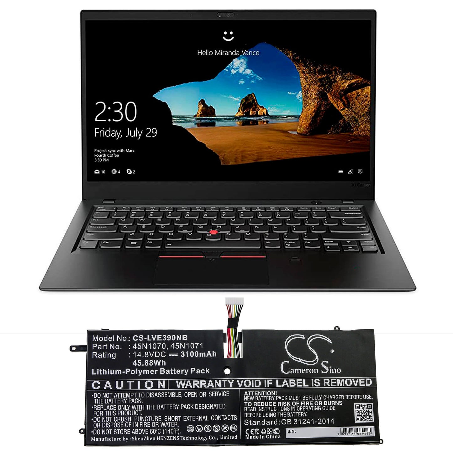 14.8V, 3100mAh, Li-Polymer Battery fits Lenovo, Thinkpad X1 Carbon, Thinkpad X1 Carbon 3444, 45.88Wh