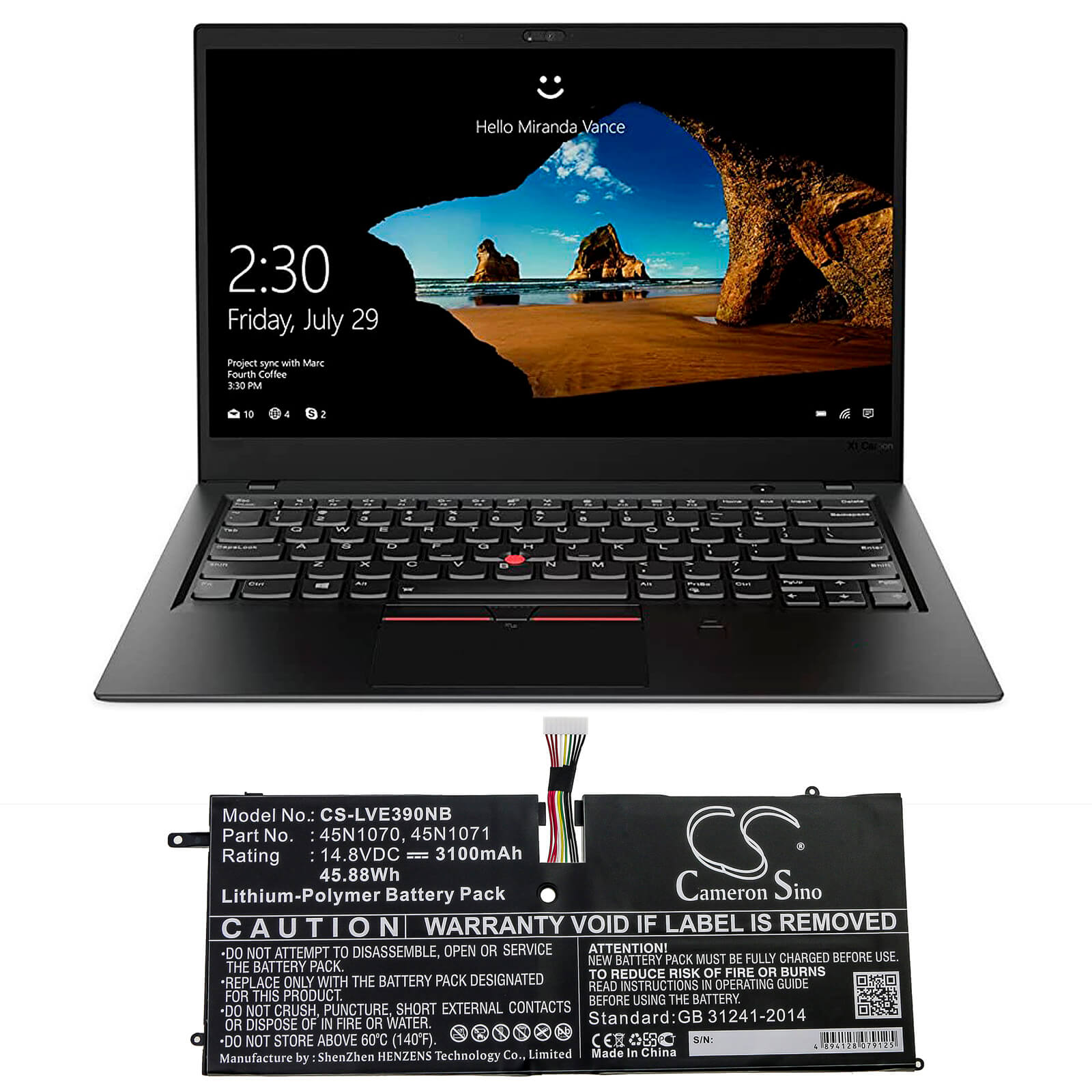 14.8V, 3100mAh, Li-Polymer Battery fits Lenovo, Thinkpad X1 Carbon, Thinkpad X1 Carbon 3444, 45.88Wh
