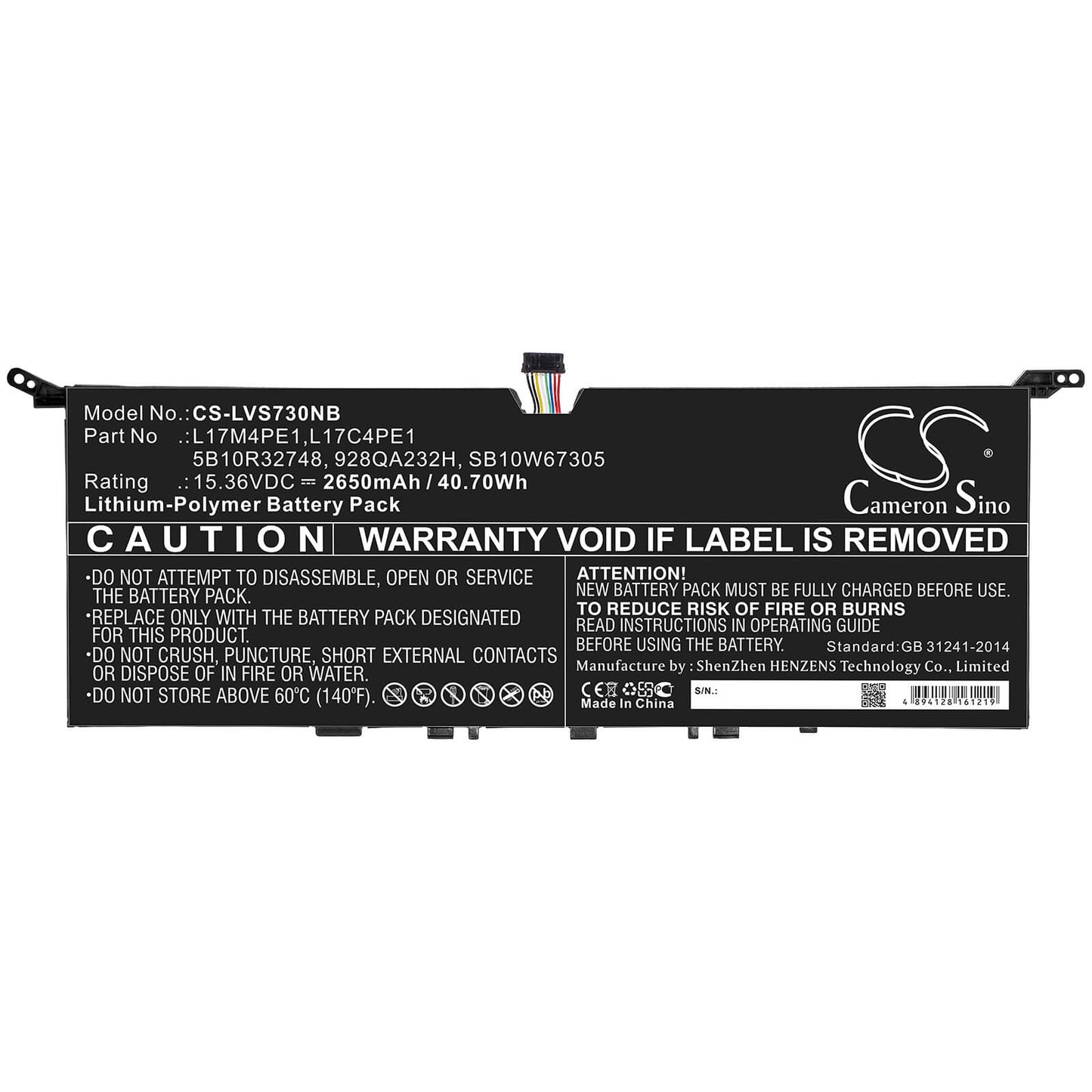 15.36V, 2650mAh, Li-Polymer Battery fits Lenovo, Ideapad 730s 13, Ideapad 730s-13iwl, 40.704Wh