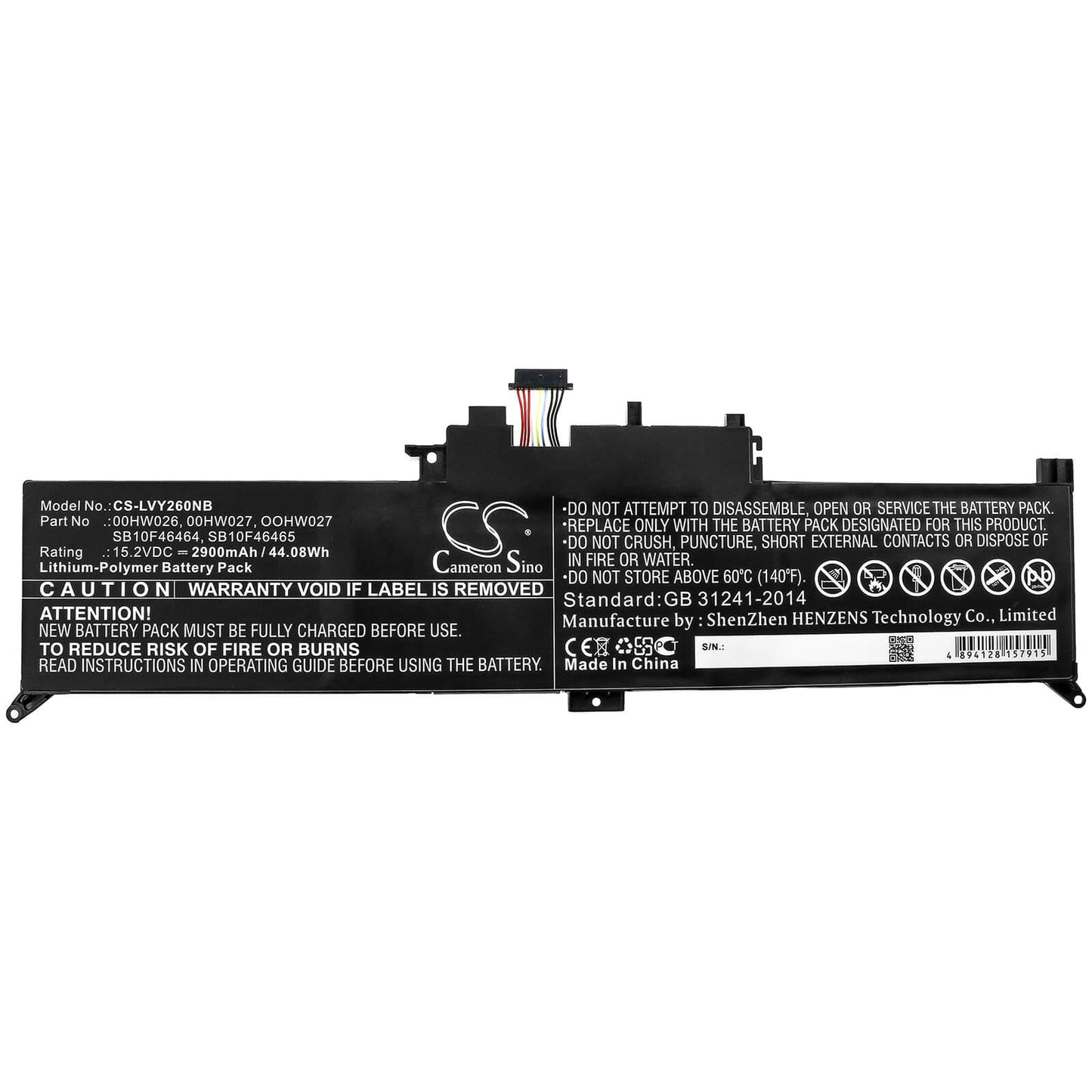 15.2V, 2900mAh, Li-ion Battery fits Lenovo, Thinkpad Yoga 260, Thinkpad Yoga 260 20fd001xge, 44.08Wh