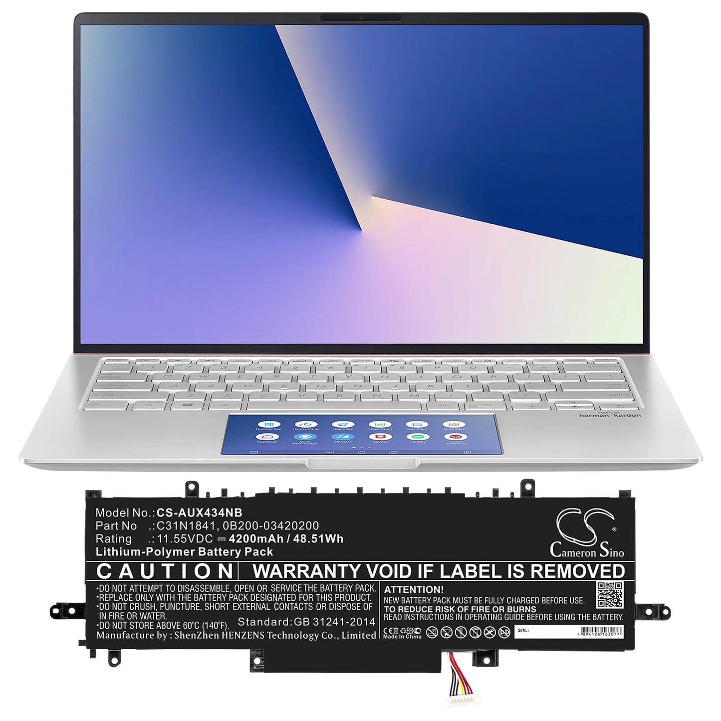 11.55V, 4200mAh, Li-Polymer Battery fits Asus, Ux334, Ux334fl-0043b8565u, 48.51Wh
