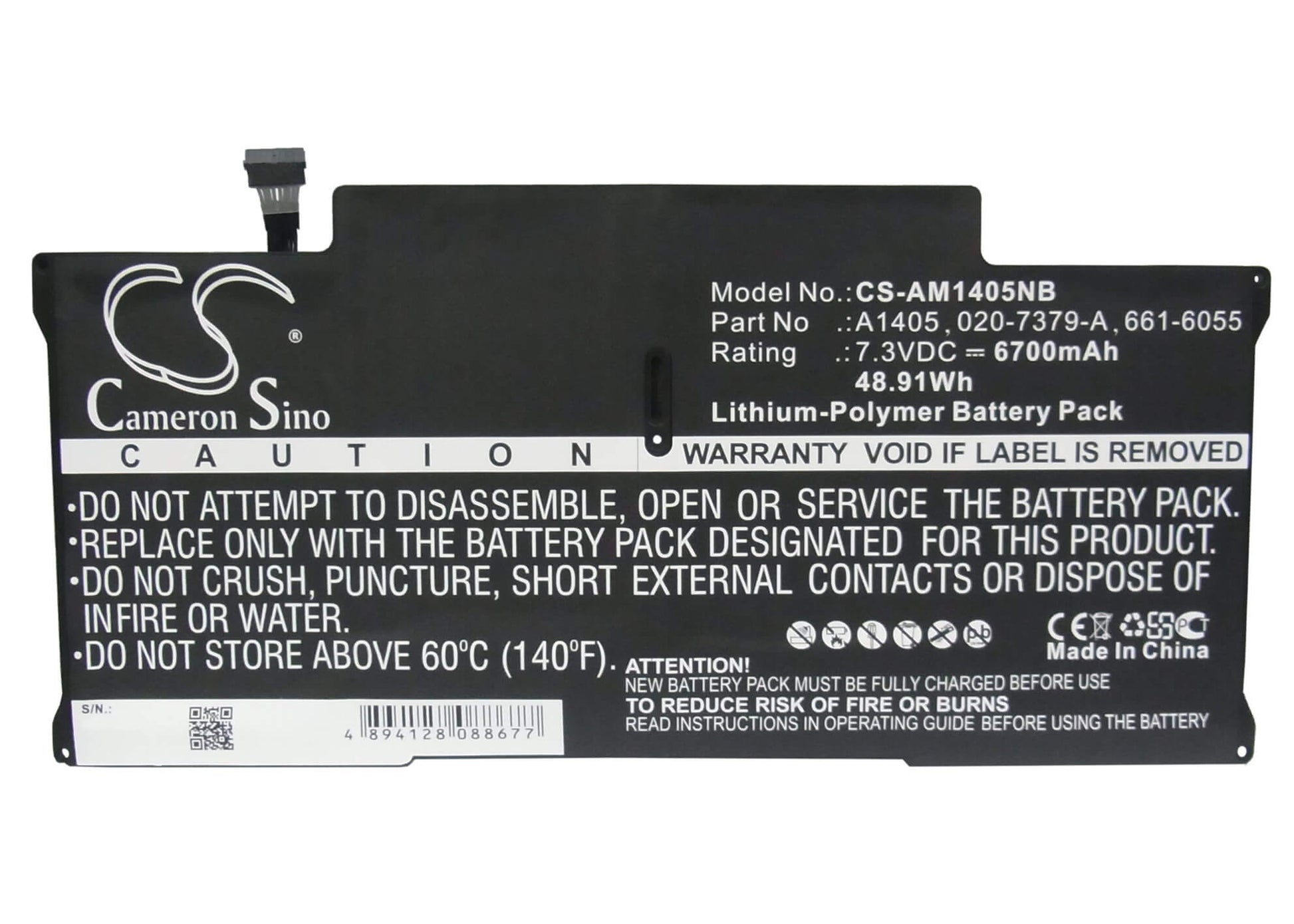 7.3V, 6700mAh, Li-Polymer Battery fits Apple, A1466, Macbook Air "core I5" 1.6 13", 48.91Wh