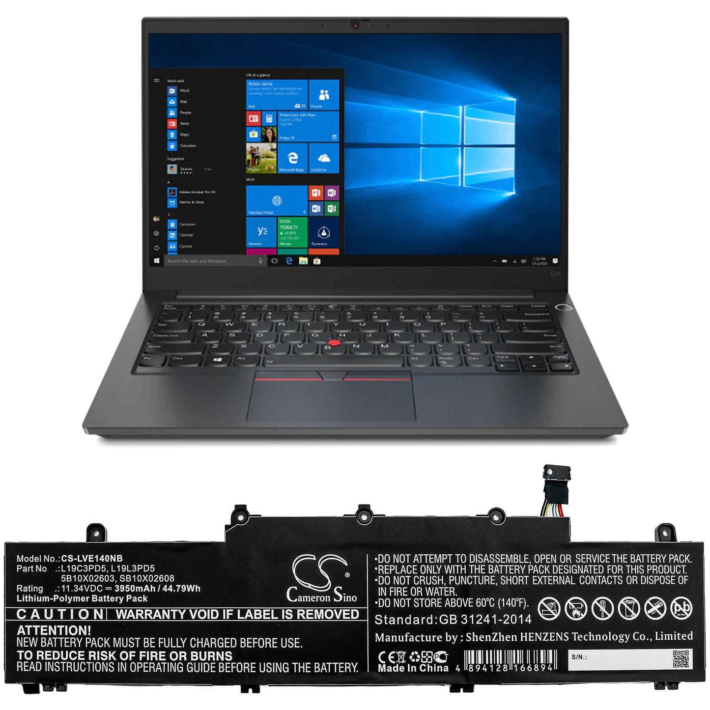 11.34V, 3950mAh, Li-Polymer Battery fits Lenovo, Thinkpad E14 Gen 2, Thinkpad E14 Gen2-20ta000dge, 44.793Wh