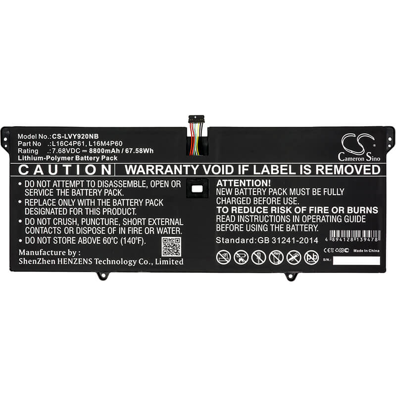 7.68V, 8800mAh, Li-Polymer Battery fits Lenovo, Yoga 920, Yoga 920-13ikb, 67.584Wh