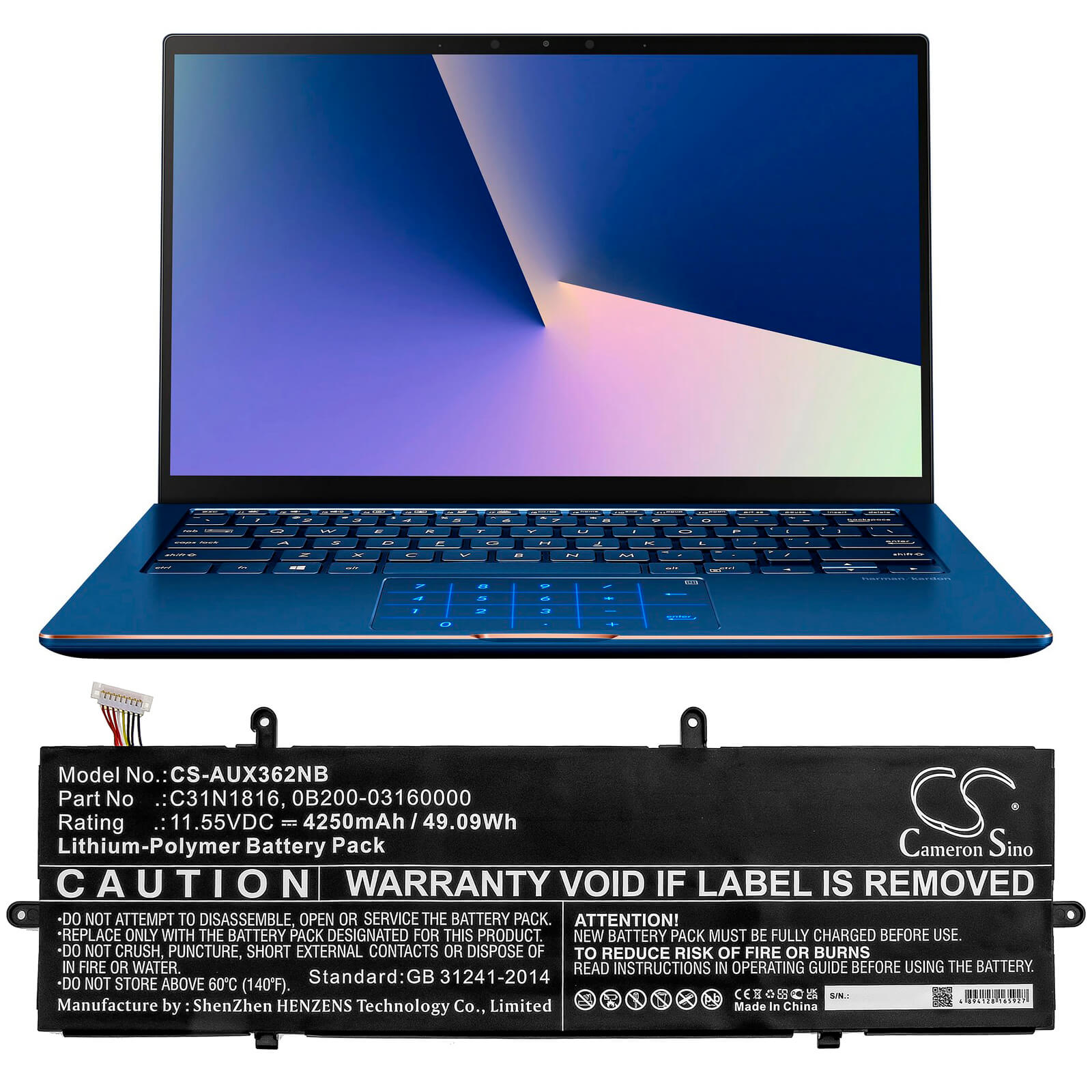 11.55V, 4250mAh, Li-Polymer Battery fits Asus, Flip Ux362, Q326fa, 49.0875Wh