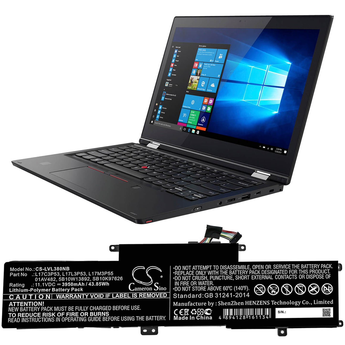 11.1V, 3950mAh, Li-Polymer Battery fits Lenovo, Hinkpad L380 Yoga 20m9, Thinkpad L380, 43.845Wh