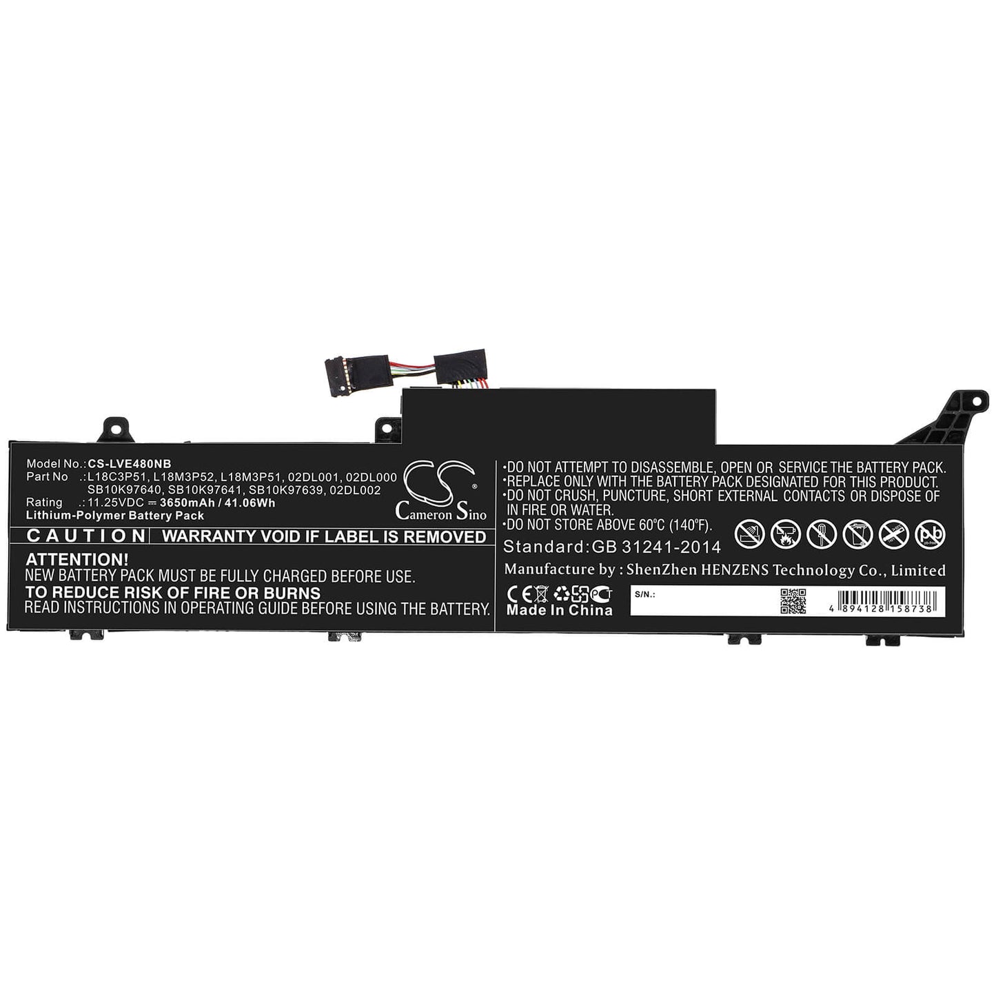 11.25V, 3650mAh, Li-Polymer Battery fits Lenovo, Thinkpad E480s, Thinkpad E490s, 41.0625Wh