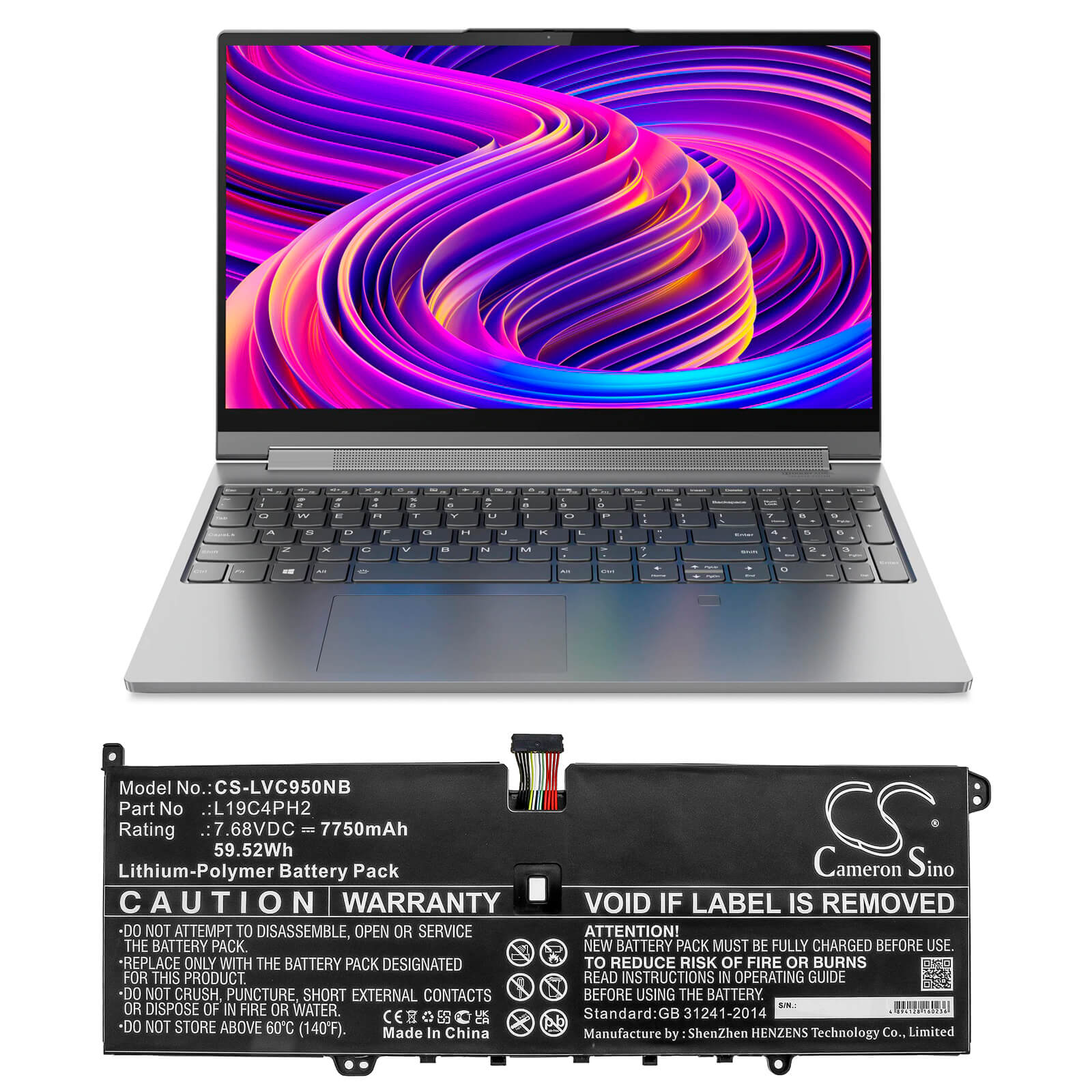 7.68V, 7750mAh, Li-Polymer Battery fits Lenovo, Yoga C950, 59.52Wh