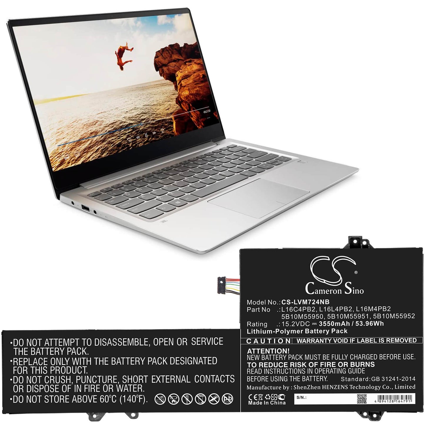 15.2V, 3550mAh, Li-Polymer Battery fits Lenovo, Air 14 Pro, Ideapad 720s-14, 53.96Wh