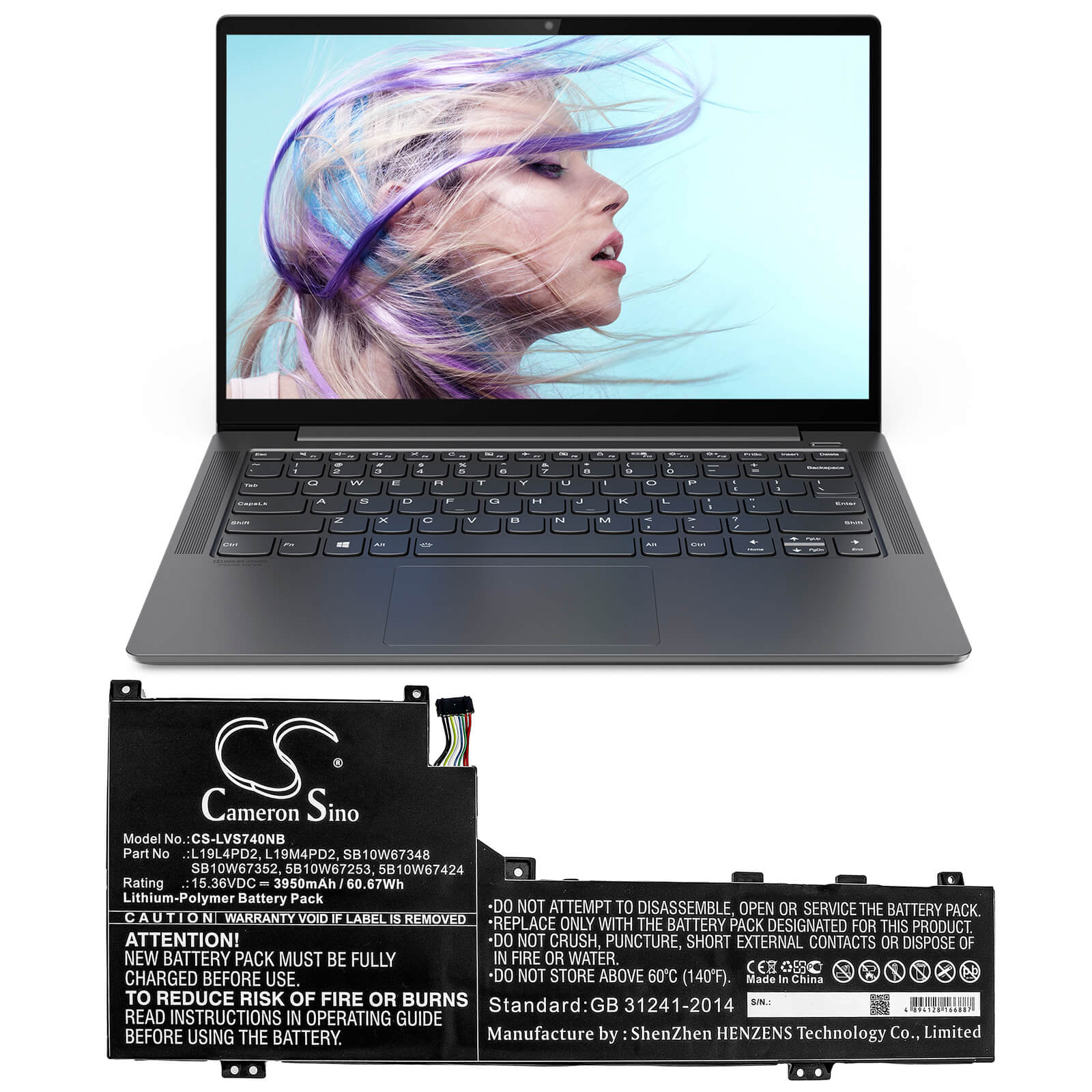 15.36V, 3950mAh, Li-Polymer Battery fits Lenovo, Ideapad S740-14iil, Ideapad S740-14iil-81rt, 60.672Wh