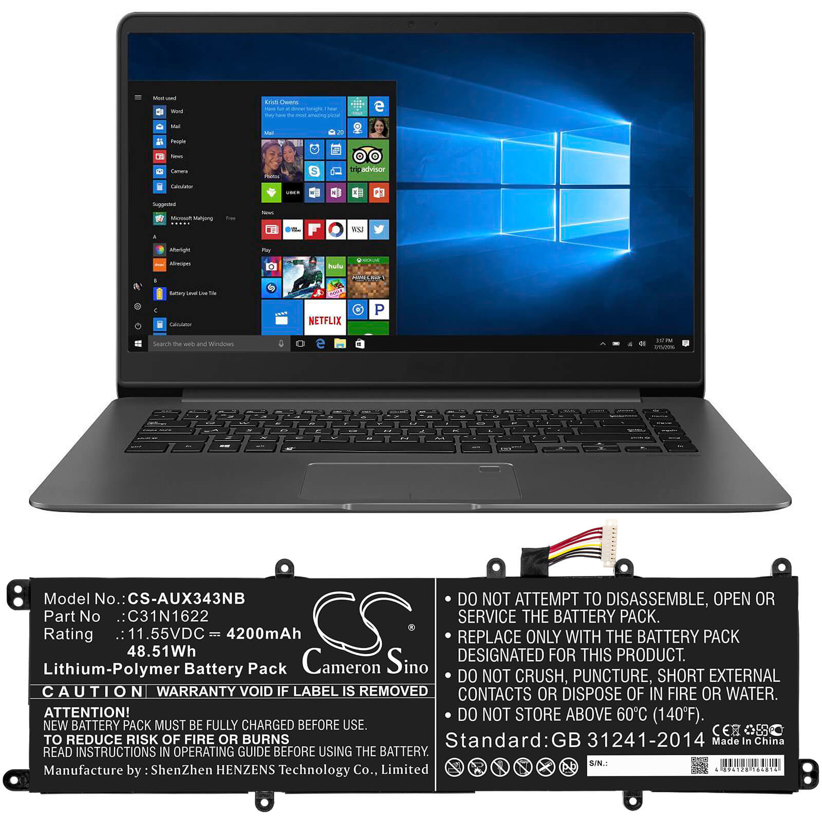 11.55V, 4200mAh, Li-Polymer Battery fits Asus, Ux530, Ux530uq, 48.51Wh