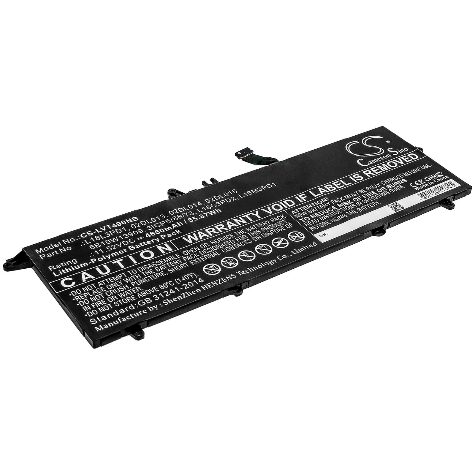 11.52V, 4850mAh, Li-Polymer Battery fits Lenovo, T490s 20nx001fcd, Thinkpad T490s, 55.872Wh
