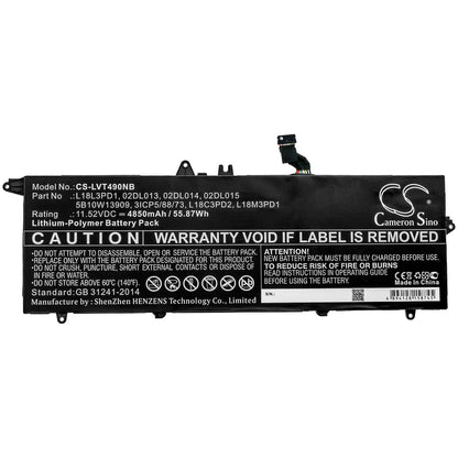 11.52V, 4850mAh, Li-Polymer Battery fits Lenovo, T490s 20nx001fcd, Thinkpad T490s, 55.872Wh