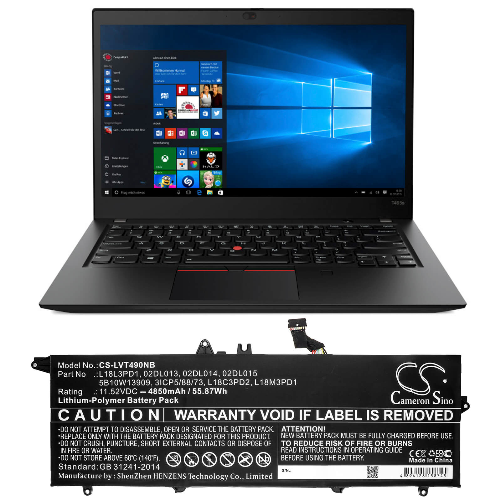 11.52V, 4850mAh, Li-Polymer Battery fits Lenovo, T490s 20nx001fcd, Thinkpad T490s, 55.872Wh
