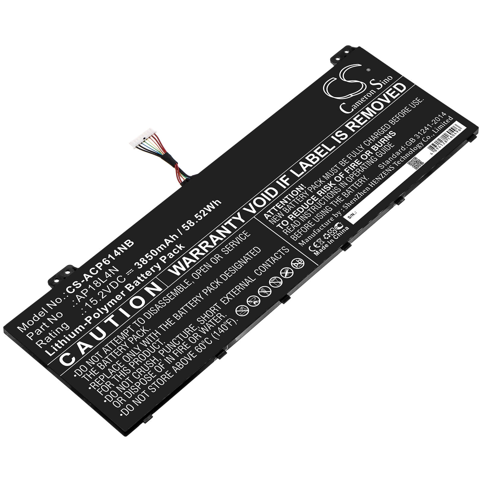 15.20V, 3850mAh, Li-Polymer Battery fits Acer, Nx.vl2cn.001, Nx.vl2cn.002, 58.52Wh