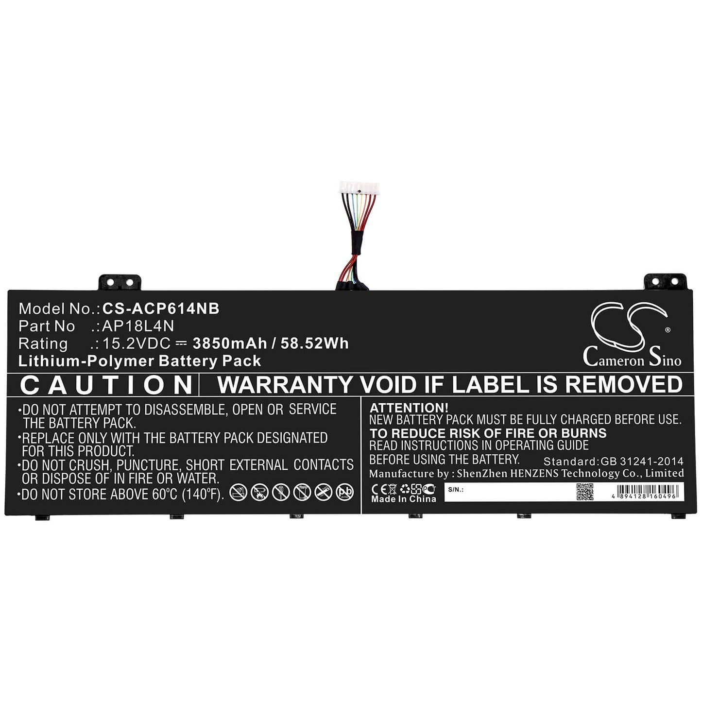 15.20V, 3850mAh, Li-Polymer Battery fits Acer, Nx.vl2cn.001, Nx.vl2cn.002, 58.52Wh