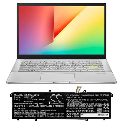 11.55V, 4250mAh, Li-Polymer Battery fits Asus, Vivobook 14 S433fl-eb072t, Vivobook 14 S433fl-eb093t, 49.0875Wh