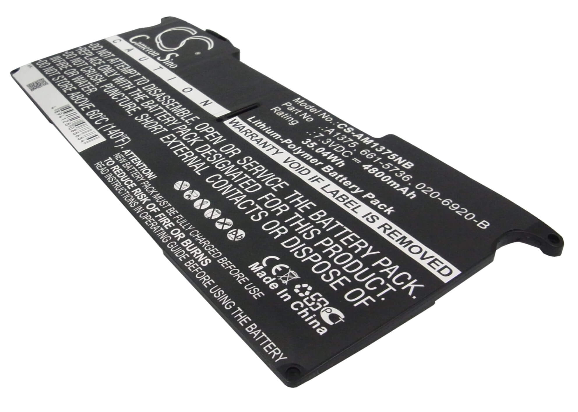 7.3V, 4800mAh, Li-Polymer Battery fits Apple, Macbook Air 11" A1370 2010, Macbook Air 3.1 Late 2010, 35.04Wh