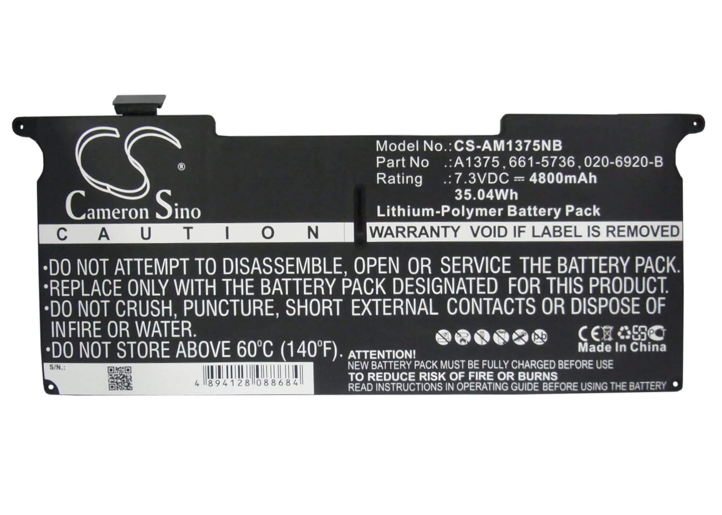 7.3V, 4800mAh, Li-Polymer Battery fits Apple, Macbook Air 11" A1370 2010, Macbook Air 3.1 Late 2010, 35.04Wh