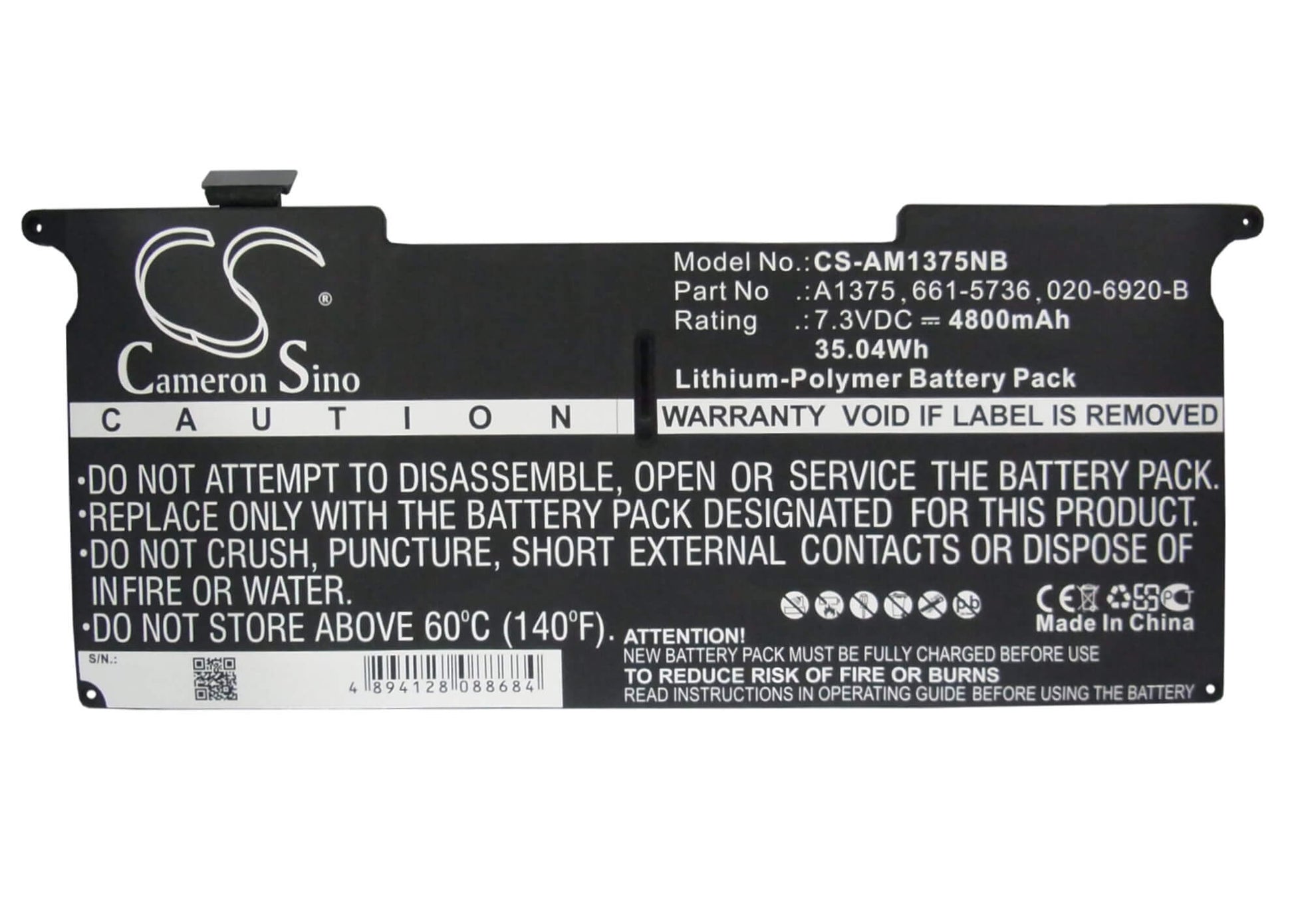 7.3V, 4800mAh, Li-Polymer Battery fits Apple, Macbook Air 11" A1370 2010, Macbook Air 3.1 Late 2010, 35.04Wh