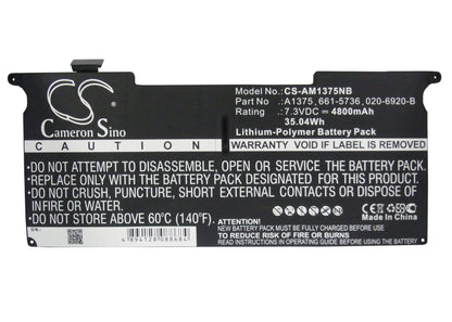 7.3V, 4800mAh, Li-Polymer Battery fits Apple, Macbook Air 11" A1370 2010, Macbook Air 3.1 Late 2010, 35.04Wh