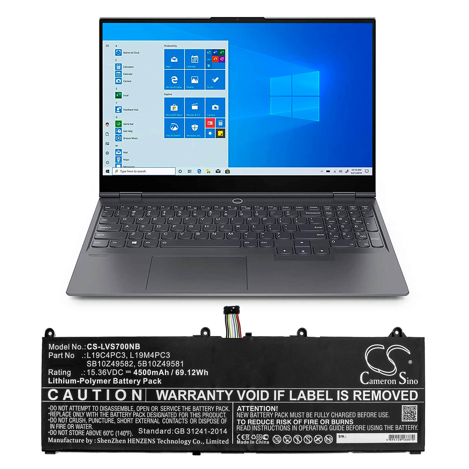 15.36V, 4500mAh, Li-Polymer Battery fits Lenovo, Legion R9000x, Legion S7, 69.12Wh