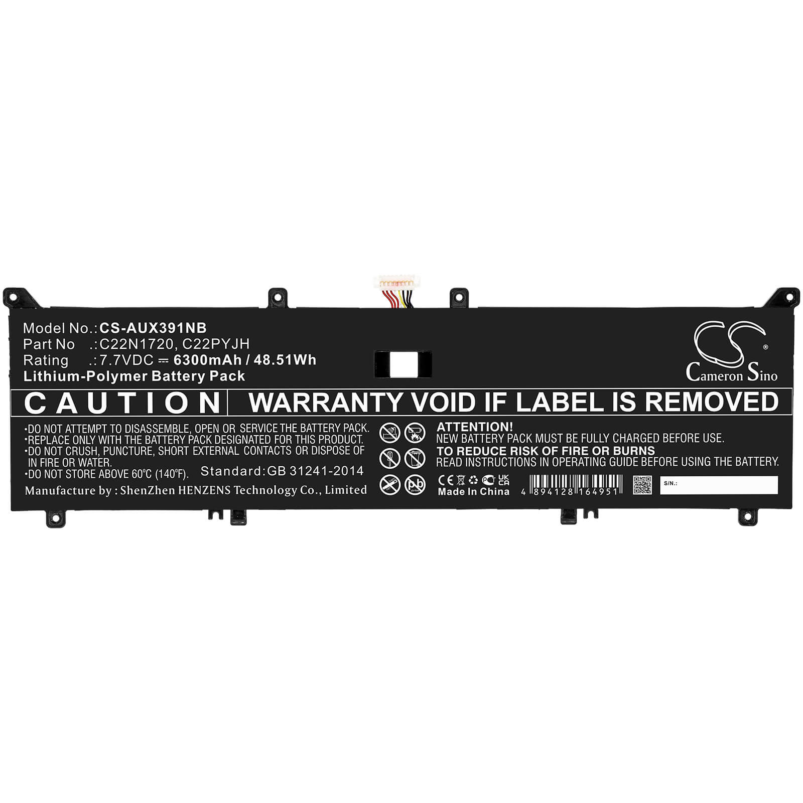 7.7V, 6300mAh, Li-Polymer Battery fits Asus, Ling Yao X, Ux391, 48.51Wh
