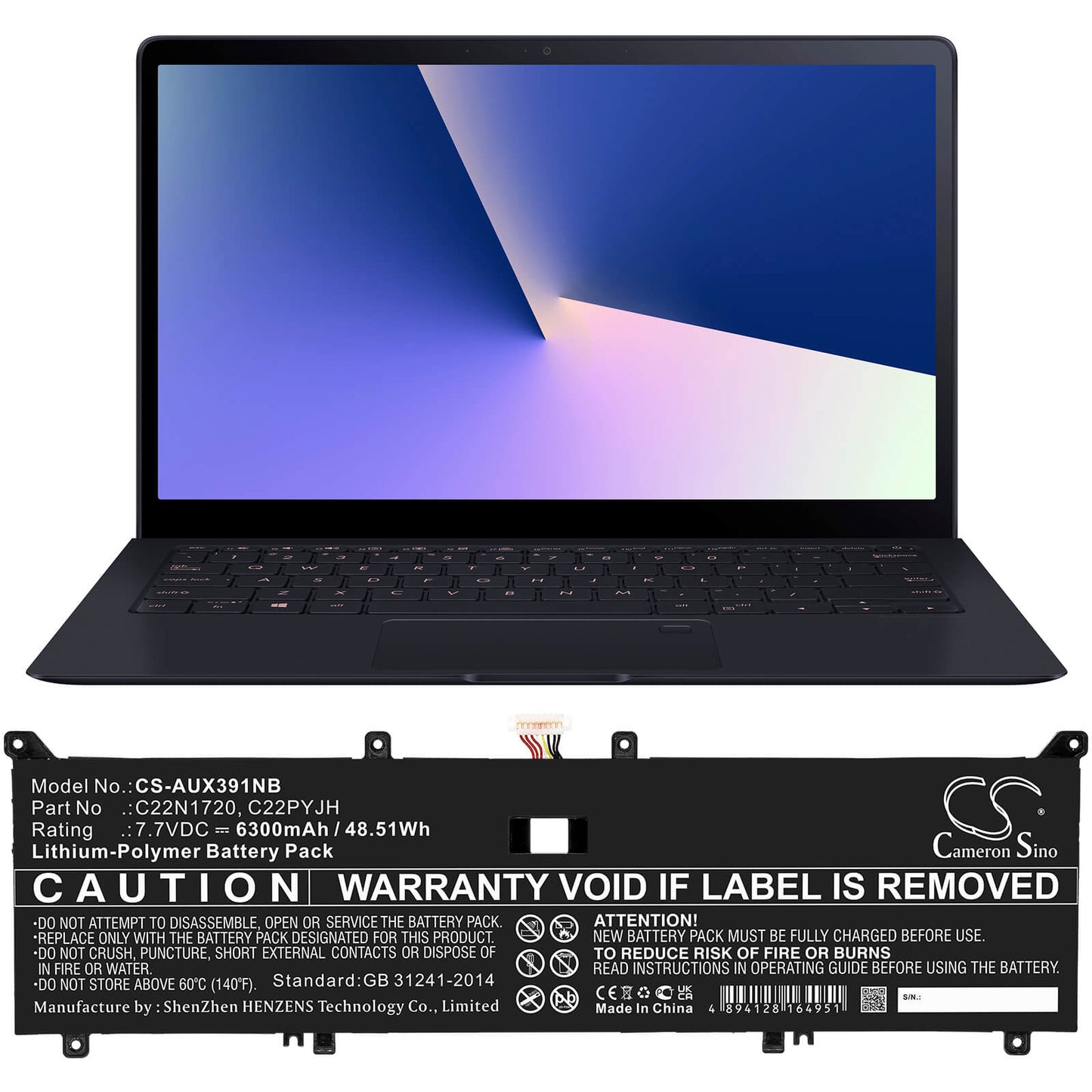 7.7V, 6300mAh, Li-Polymer Battery fits Asus, Ling Yao X, Ux391, 48.51Wh
