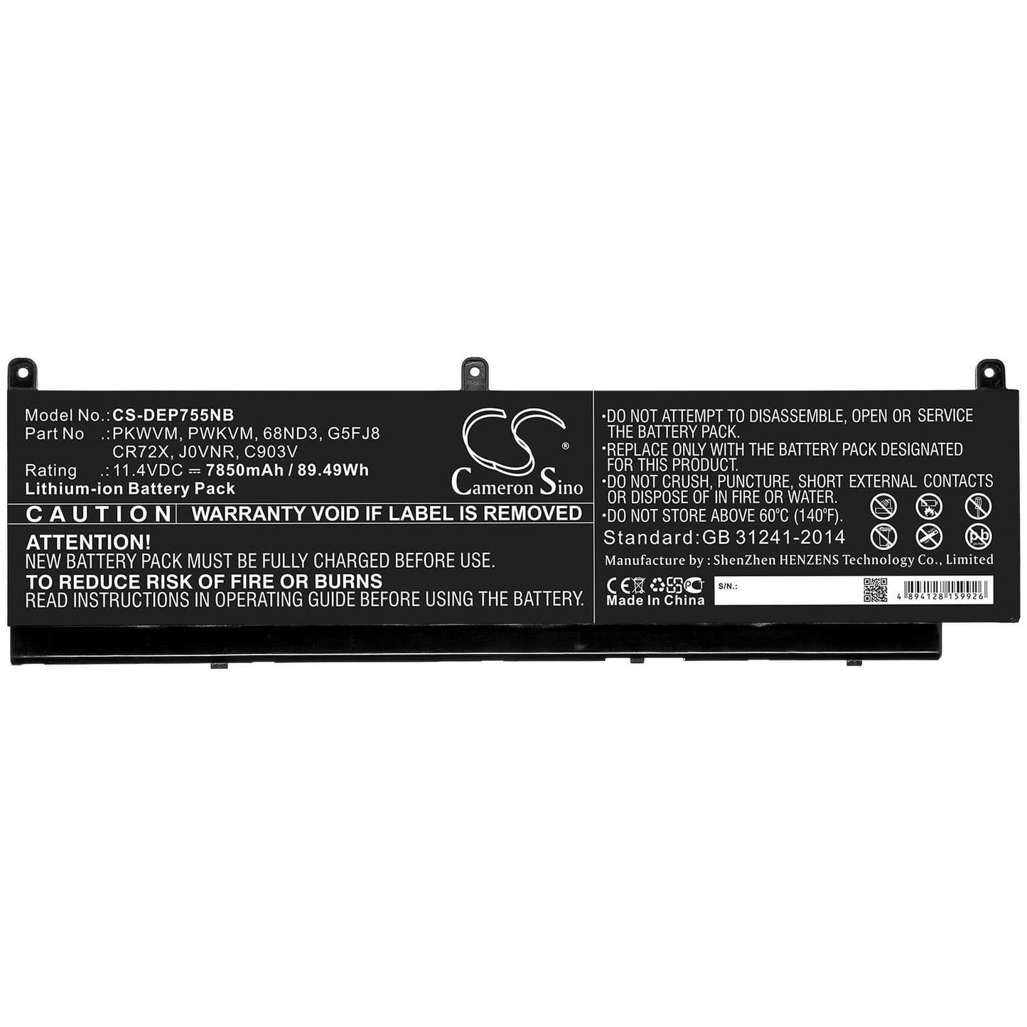 11.4V, 7850mAh, Li-ion Battery fits Dell, Precision 7550, 89.49Wh
