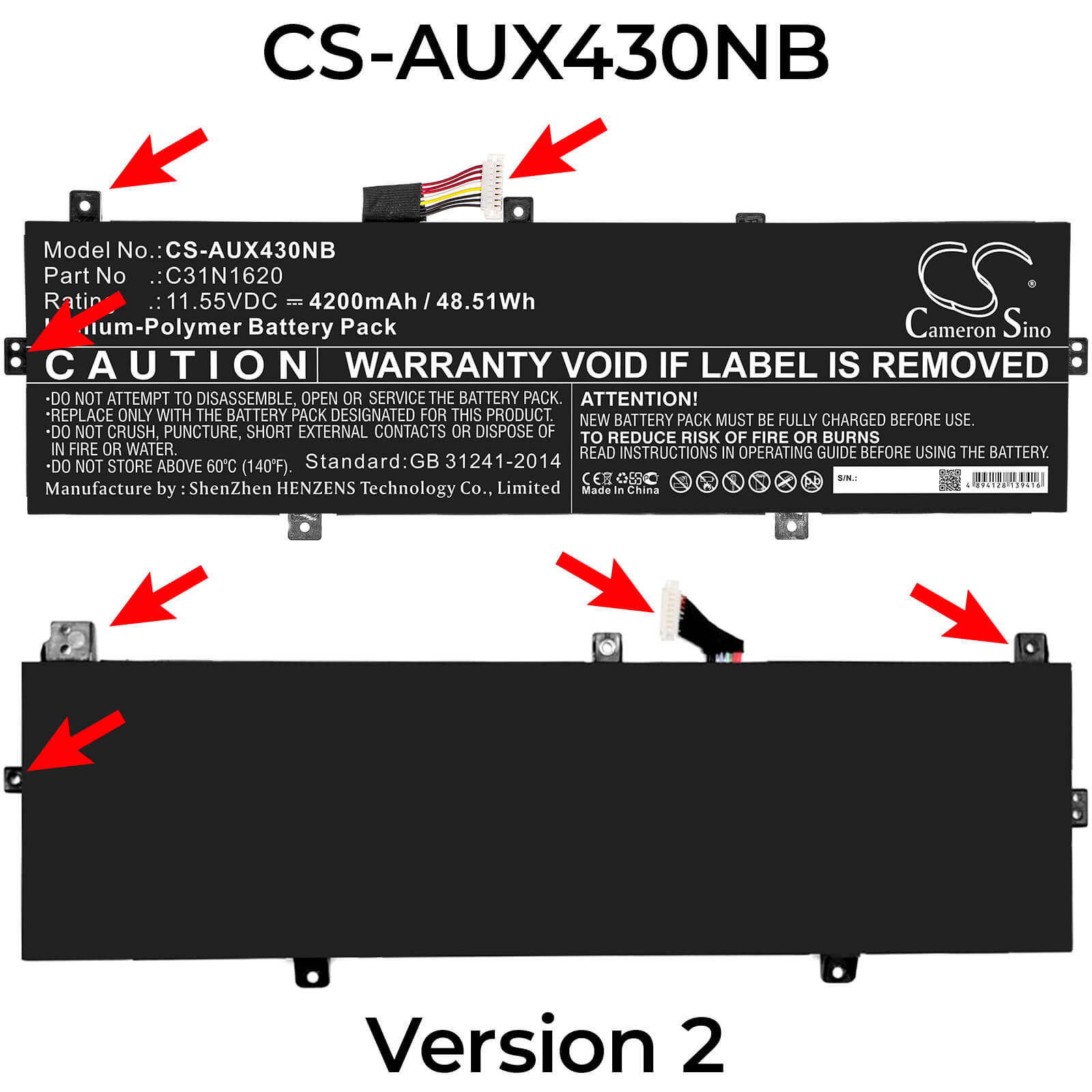 11.55V, 4200mAh, Li-Polymer Battery fits Asus, Bx430, Bx430ua, 48.51Wh