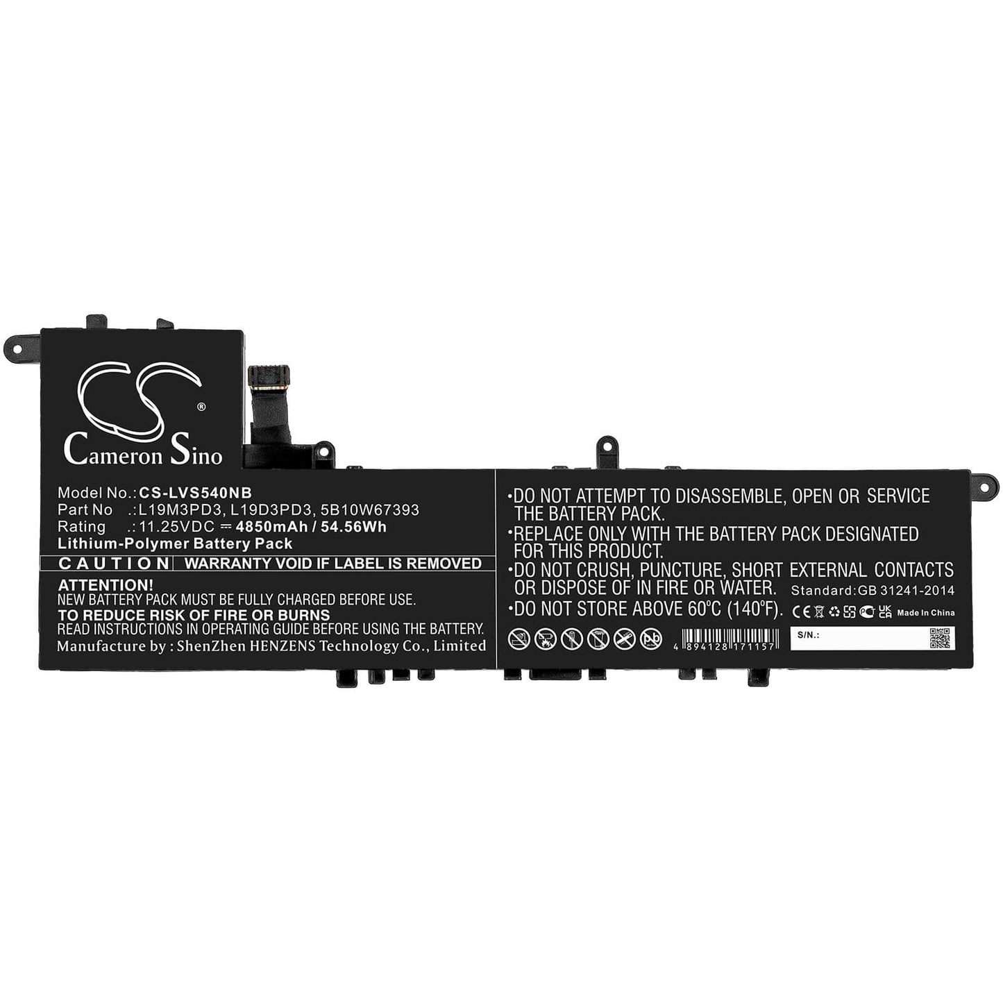 11.25V, 4850mAh, Li-Polymer Battery fits Lenovo, Ideapad S540 13are, Ideapad S540 13iml, 54.5625Wh