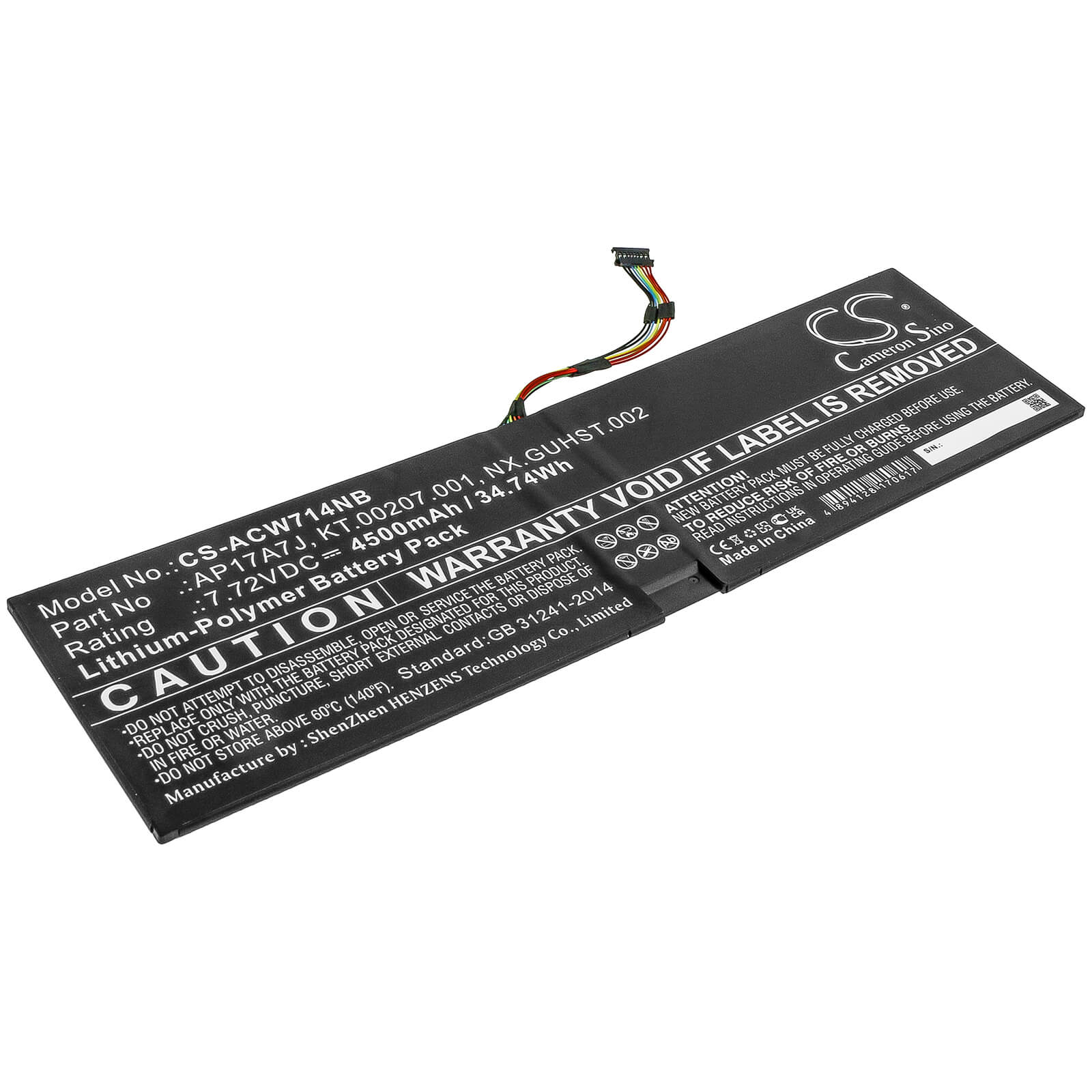 7.72V, 4500mAh, Li-Polymer Battery fits Acer, Swift 7 Sf714-51t, Swift 7 Sf714-51t-m16f, 34.74Wh