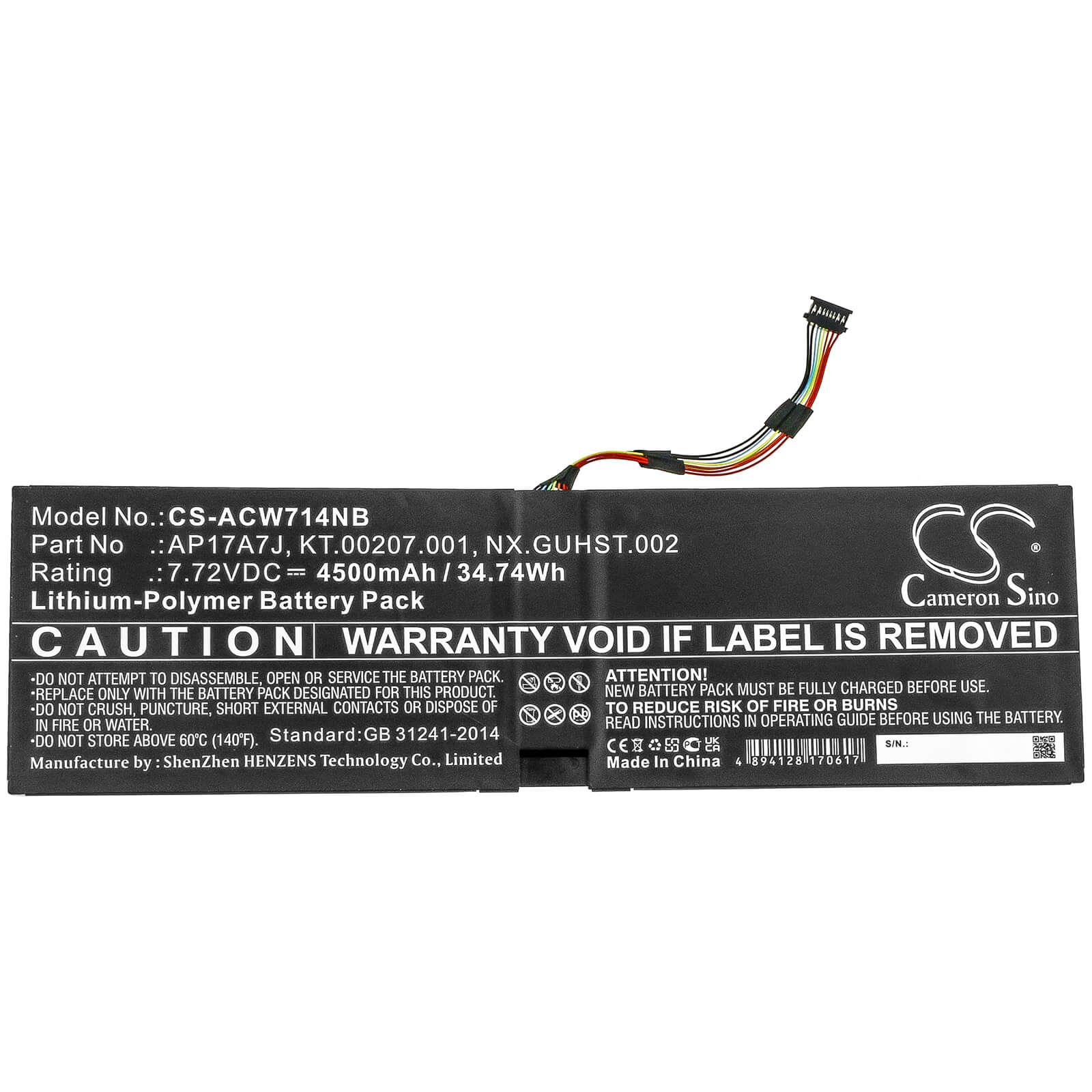 7.72V, 4500mAh, Li-Polymer Battery fits Acer, Swift 7 Sf714-51t, Swift 7 Sf714-51t-m16f, 34.74Wh