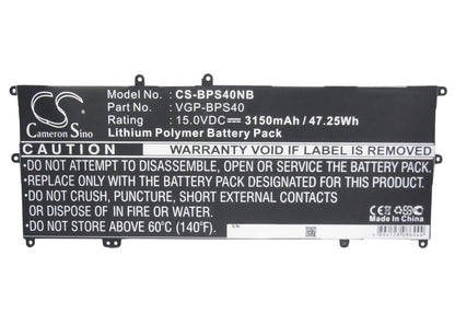 15.0V, 3150mAh, Li-Polymer Battery fits Sony, Svf14n, Svf14n11cxb, 47.25Wh