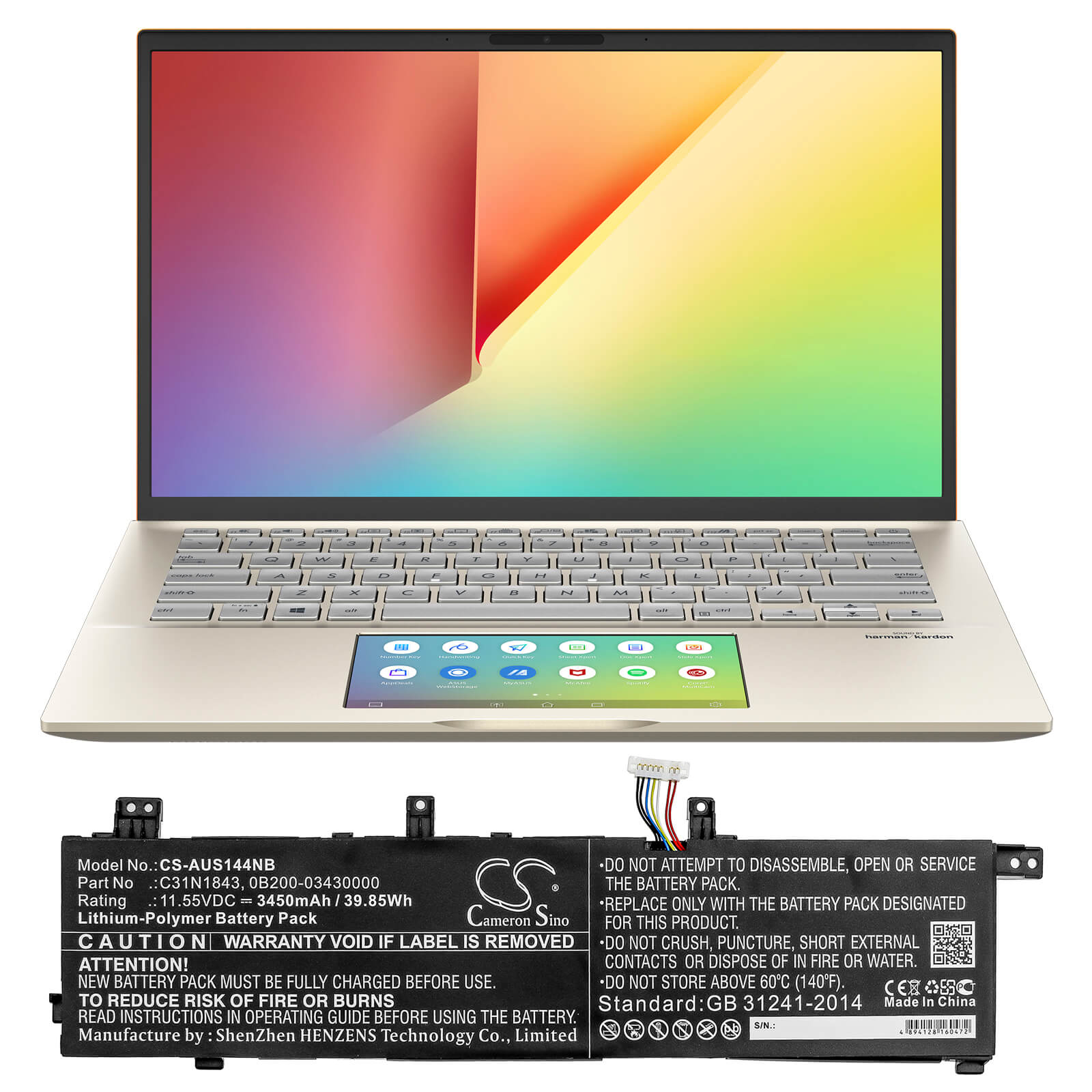 11.55V, 3450mAh, Li-Polymer Battery fits Asus, Vivobook S14 S432fa, Vivobook S14 S432fa-am030t, 39.8475Wh