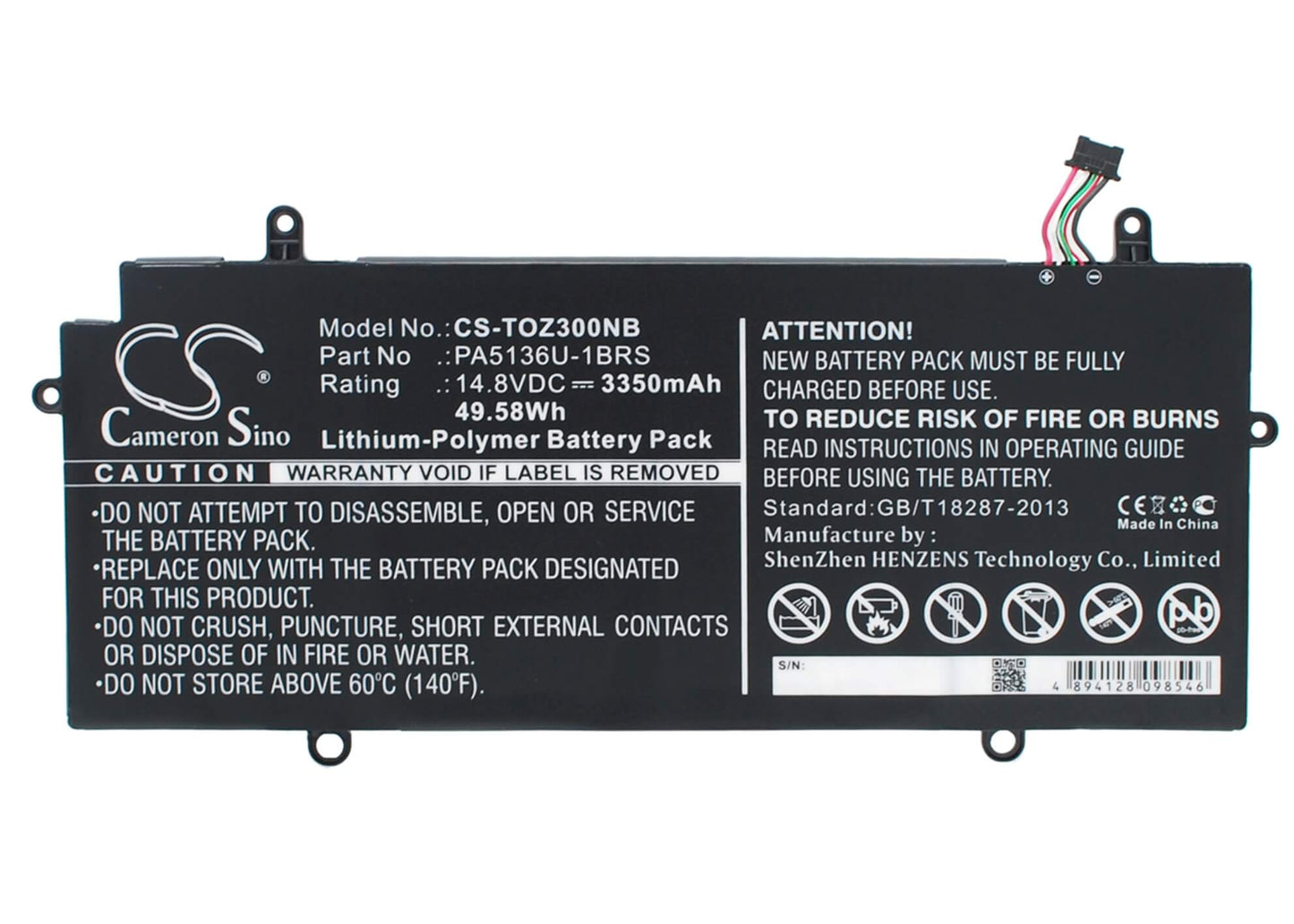 14.8V, 3350mAh, Li-Polymer Battery fits Toshiba, Portage Z30-a-1ei, Portege Z30, 49.58Wh
