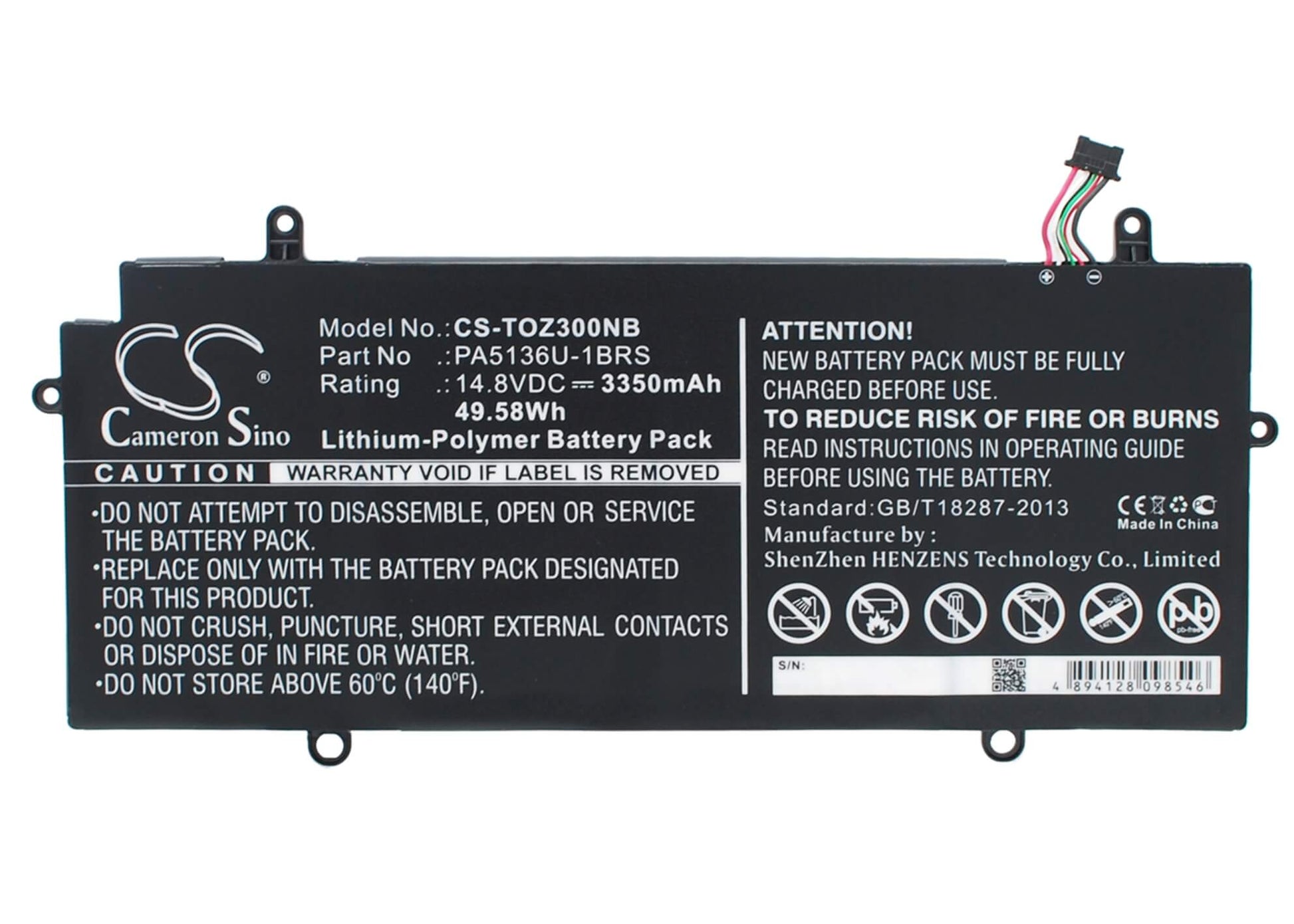 14.8V, 3350mAh, Li-Polymer Battery fits Toshiba, Portage Z30-a-1ei, Portege Z30, 49.58Wh