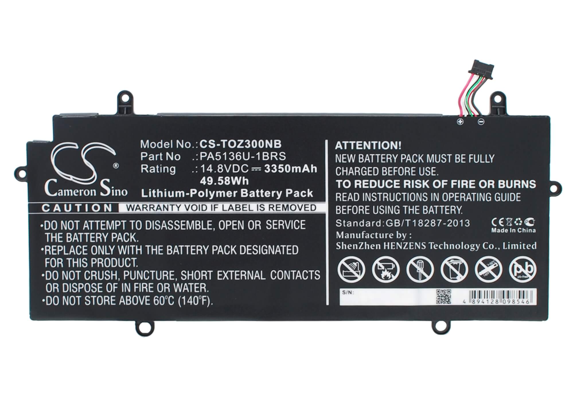 14.8V, 3350mAh, Li-Polymer Battery fits Toshiba, Portage Z30-a-1ei, Portege Z30, 49.58Wh