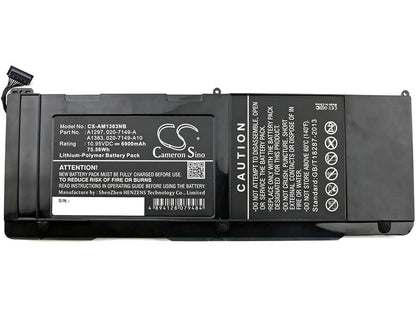 10.95V, 6900mAh, Li-Polymer Battery fits Apple, Macbook Pro 17, Macbook Pro 17" A1297 2009 Ver, 75.555Wh